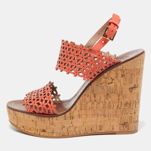 Tory Burch Orange Perforated Leather Daisy Cork Wedge Sandals Size 37 - Picture 1 of 8